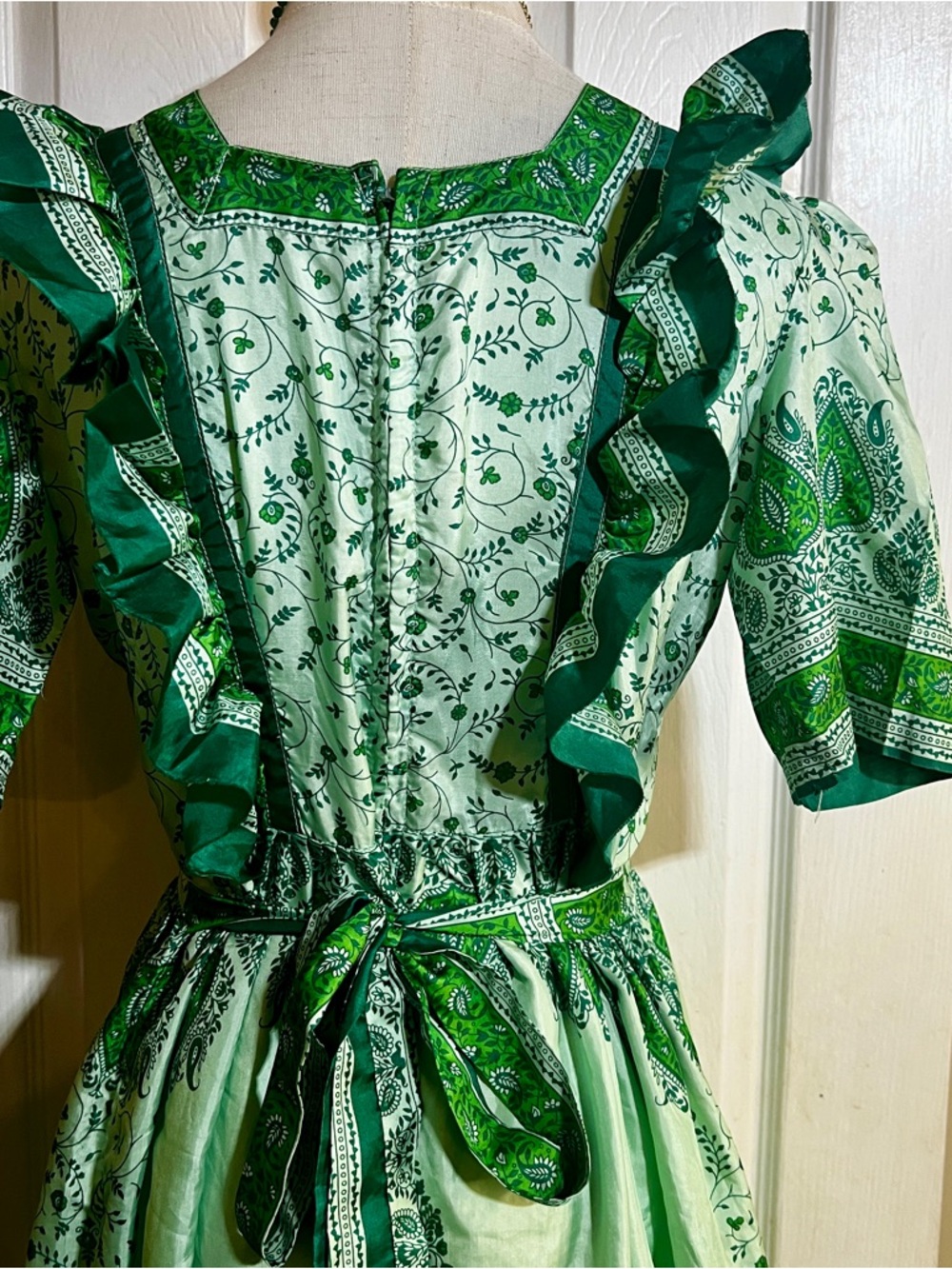 Vintage Wms Handmade Silk Satin Floral Paisley Pleated Festival Maxi Dress L - Picture 8 of 14